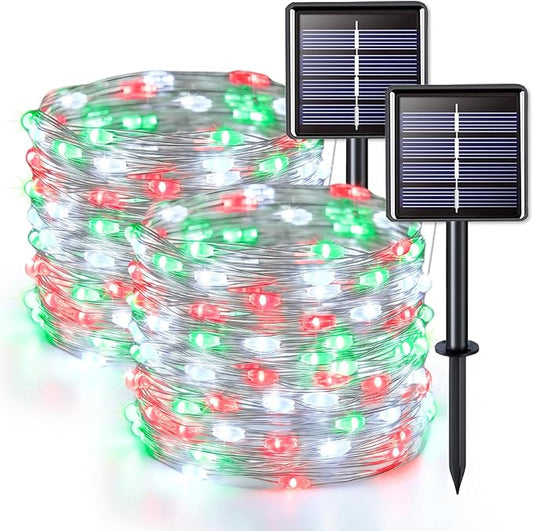 JMEXSUSS 2 Pack Red White and Green Solar Christmas Lights, Each 33FT 100 LED Solar String Lights Outdoor, Waterproof Solar Fairy Lights for Outside Christmas Decorations