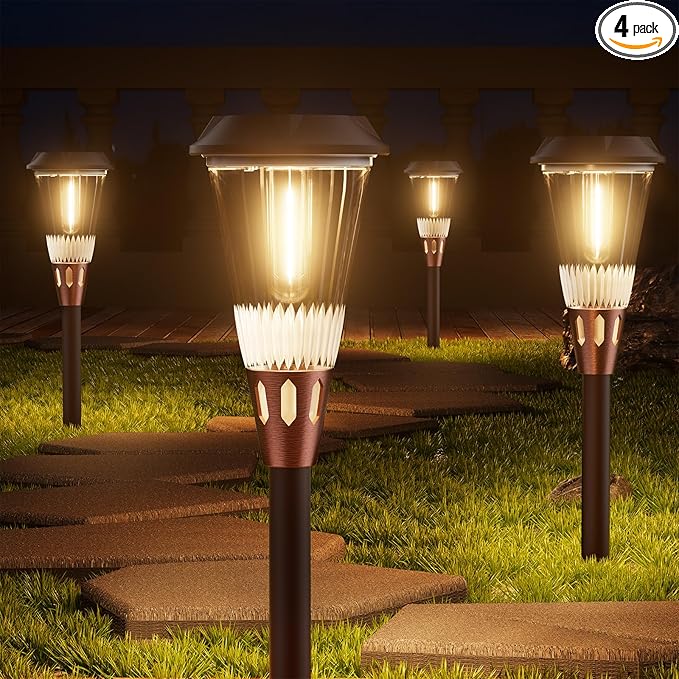 Super Bright Solar Pathway Lights Outdoor 4 Pack, 2-in-1 Warm&Cold Light 3000K/6500K Waterproof IP65 Garden Solar Yard Lights for Landscape Pathway Walkway Driveway Lawn
