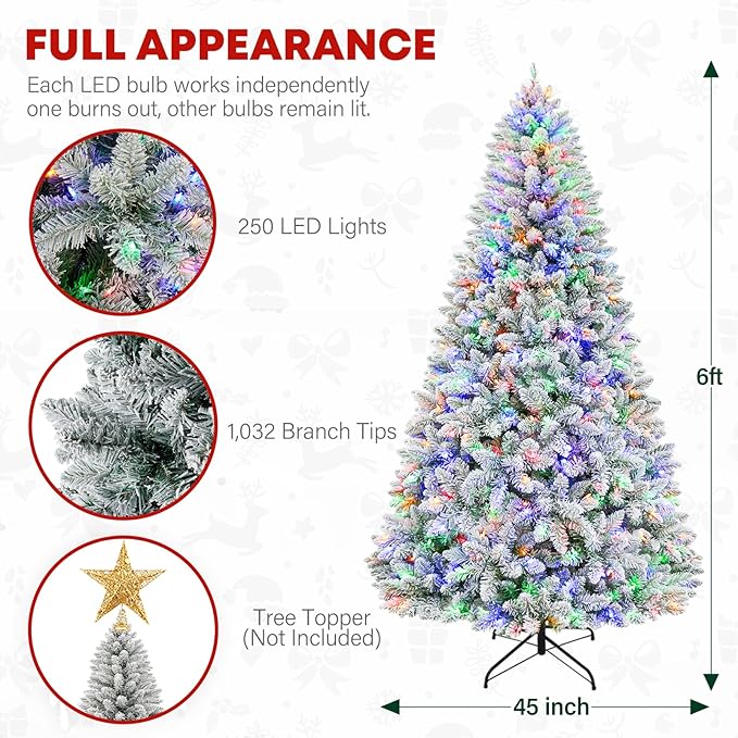 6ft Lighted Artificial Christmas Tree, 250 Multicolor LED Lights, Snow Flocked Christmas Tree with 1032 PVC Tips, Metal Base & Hinged Branches for Holiday, 10 Modes