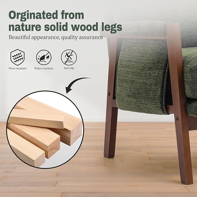Modern Accent Chairs Set of 2 for Living Room Mid Century Arm Chairs Upholstered Bedroom Chairs Comfy Lounge Chairs with Solid Wood Frame, Green