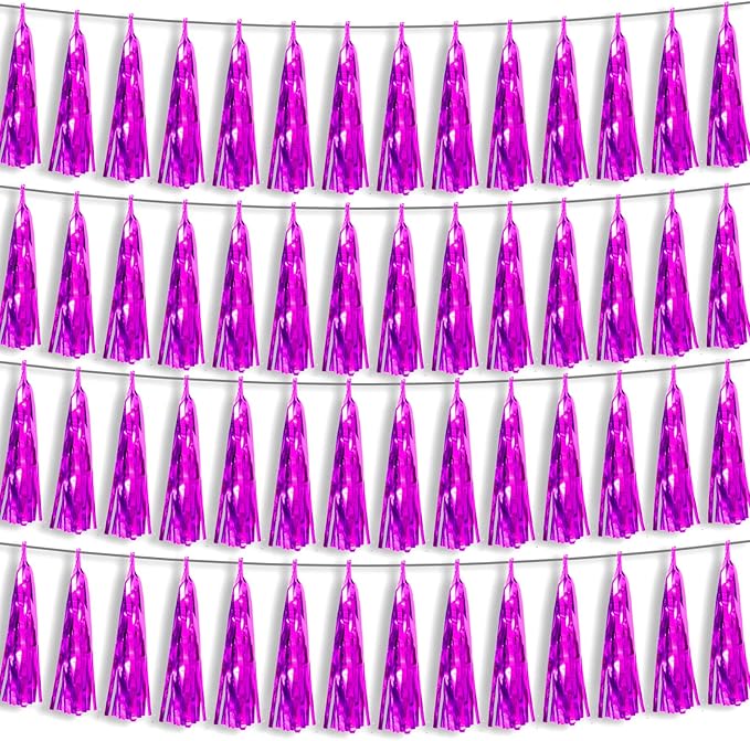 4P Rose Red Foil Fringe Metallic Tassel Streamers Banner Tassel Garland for Parade Floats, Bachelorette, Wedding, Birthday, Halloween, Christmas, Bridal/Baby Shower Party Decorations