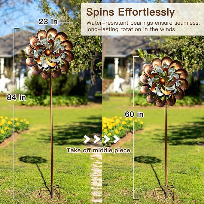 Wind Spinner Outdoor Garden Decor, Wind Spinners for Yard and Garden, 84 inch Copper Wind Sculptures & Spinners, Windmill for Yard Decorations - Larger Spinners
