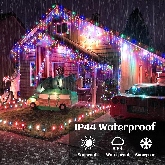 Icicle lights Outdoor - 66ft Christmas Lights with 640LED 120 Drops 8 Modes, Plug in Curtain String Lights Waterproof for Holiday Wedding Party Home Garden Bedroom Indoor Outdoor Decoration,Multicolor