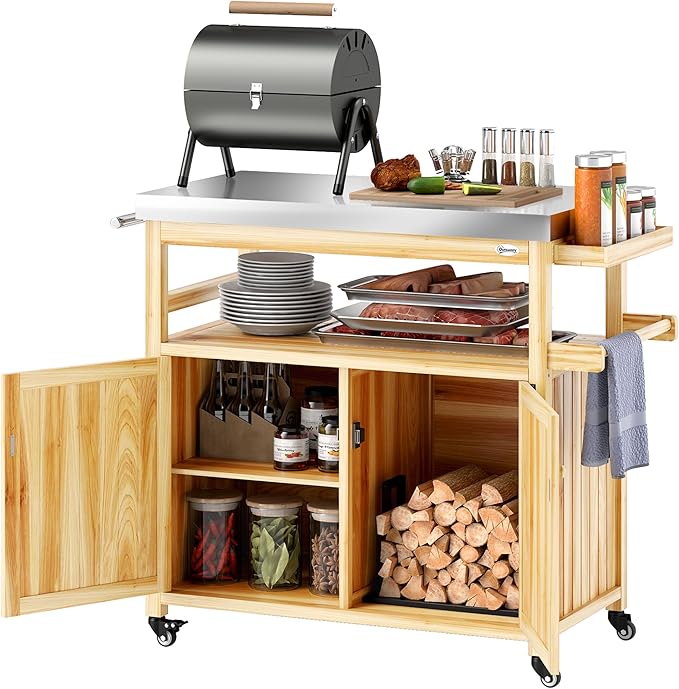 Outsunny Outdoor Grill Cart with Wheels and Storage, Solid Wood Outdoor Kitchen Island with Stainless Steel Top, Movable Bar Cart with Spice Rack, Side Handle, Integrated Hole for BBQ, Natural Wood
