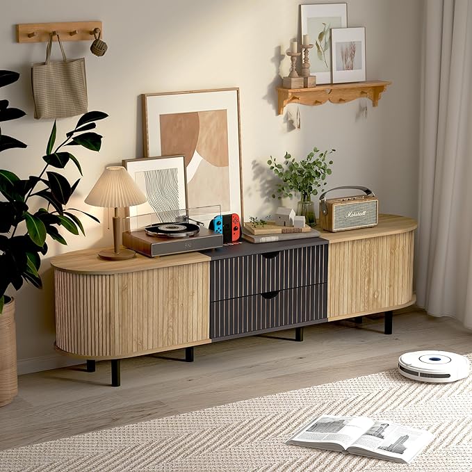 71" Tambour Door TV Stand,Wood Mid Century Modern TV Cabinet for Up to 85“ TV,Curved Edge Long TV Stand with Storage for Bedroom Living Room(Natural, 71inch)