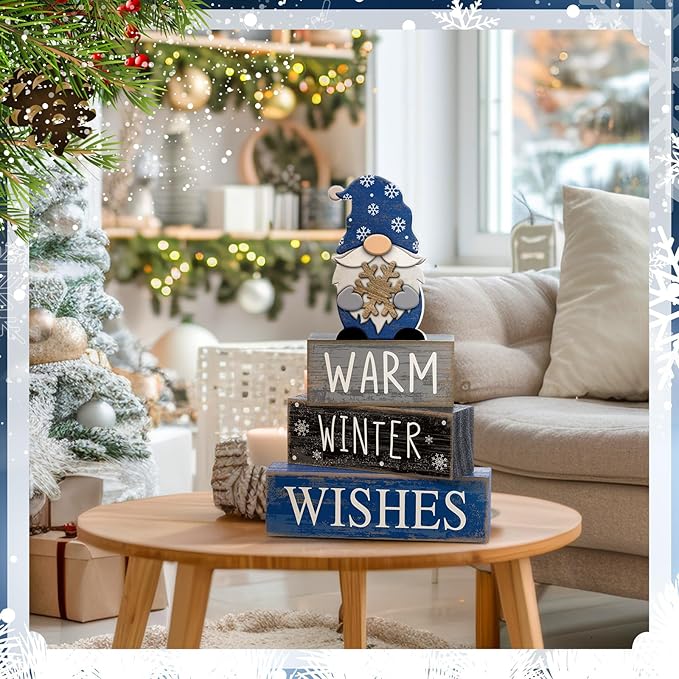 4 Pcs Christmas Table Decorations Wooden Gnome Decor Winter Tiered Tray Decor Christmas Centerpiece Rustic Decorative Gnome Snowflake Block Sign Gift Farmhouse Xmas Signs for Home Kitchen