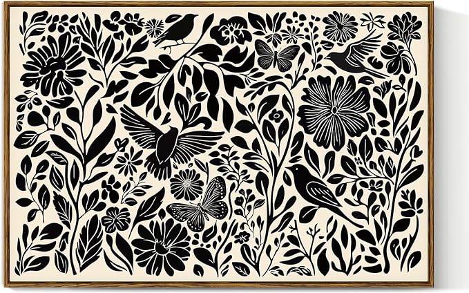 VIYYIEA Framed Canvas Wall Art, Black and White Large Wall Art for Living Room, Print Paintings, Boho Home Office Decor, Bedroom Wall Decor -【Flowers & Birds】-(24"x36")