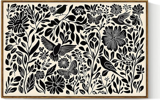 VIYYIEA Framed Canvas Wall Art, Black and White Large Wall Art for Living Room, Print Paintings, Boho Home Office Decor, Bedroom Wall Decor -【Flowers & Birds】-(24"x36")