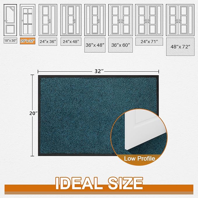 Mibao Front Door Mat, Dirt Trapper Welcome Mat for Outdoor Indoor, Non-Slip Waterproof Doormat, Durable Machine Washable Low Profile Entry Rug for Back Door Outside Patio Porch, 32" x 20", Blue