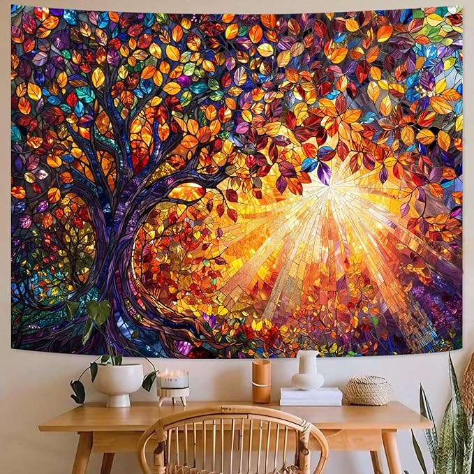 Lunerfex Tree of Life Tapestry Stained Glass Tapestry Wall Decor Tapestries for Bedroom Art Tapestries Wall Hanging for Bedroom Living Room Glass-Tree-03 60"x80"
