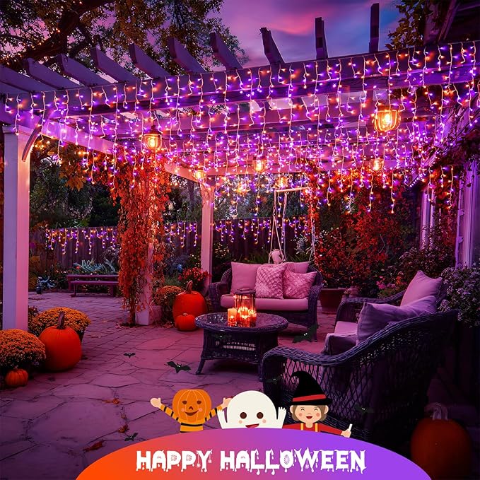 JMEXSUSS 400 LED Orange and Purple Halloween Lights Outdoor, 38.8 FT Orange and Purple Icicle Light Outdoor Waterproof, 8 Modes Halloween Lights Plug in for House Christmas Party Decorations