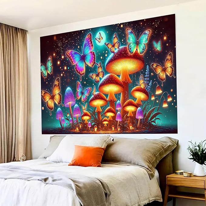 BlissYard Glowing Butterflies Mushroom Forest UV Black Light Tapestry 78x59 Inches Art Color Neon Light Background Bedroom Living Room Wall Party Decoration Fantasy Fungi Insect Magic Garden Scene