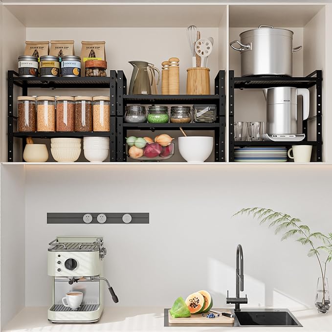 Expandable,Adjustable & Stackable Spice Rack, Cabinet Kitchen Countertop Shelf Organizer,Metal Pantry Storage Shelves - Space-Saving Storage Solution(1Pack/Black/Large)