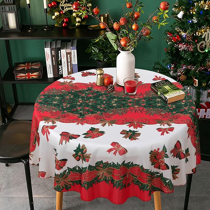 LUSHVIDA Christmas Tablecloth Round - 60inch Holly Ribbon Pattern Washable Wrinkle Resistant Holiday Tablecloths for Christmas Family Gathering, Dining Room Table 130GSM