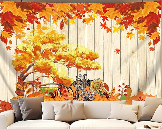 QGHOT Fall Tapestry Wall Hanging Autumn Photo Backdrop Rustic Orange Wood Tapestry Tree Maple Leaf Pumpkin Nature Landscape Country Tapestries for Bedroom Room Thanksgiving Decor (90.6"x70.9")