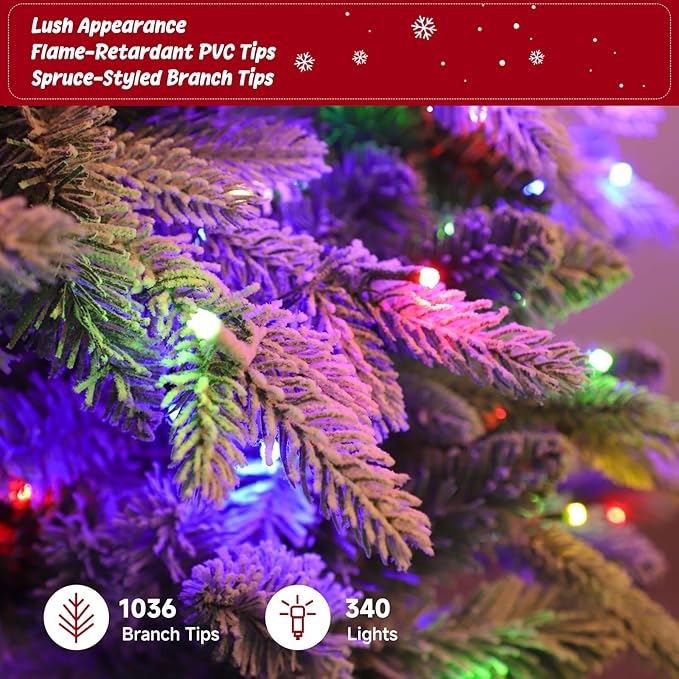 7.5ft 360° Rotating Pre-Lit Snow Flocked Christmas Tree, Built-in Music, Remote Control, 8 Light-Modes, White Christmas Tree for Home Decor