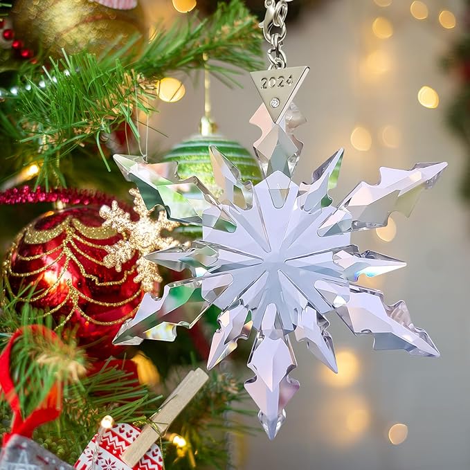 2024 Annual Christmas Ornaments Snowflake Star Clear White Faceted Crystal with Tone Metal Accents and Rayon Ribbon-New Year Christmas Tree Ornaments Crystal Sun Catcher Home Hanging Decor