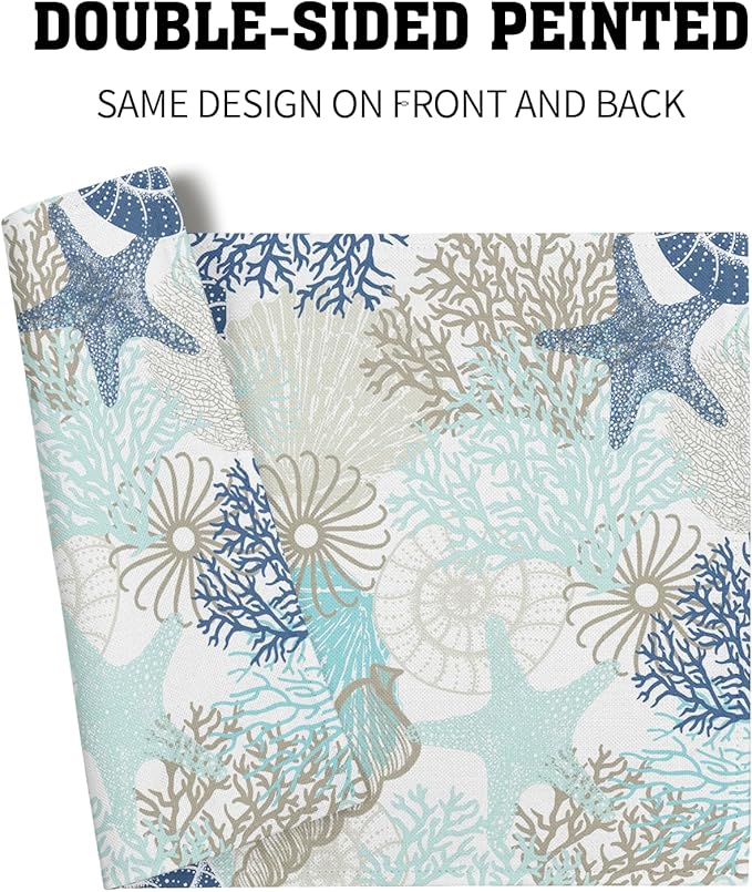 Summer Ocean Placemats Set of 4 Nautical Coastal Blue Starfish Seashell Coral Washable Non-Slip Heat Resistant Place Mats 12x18 Inch Beach Theme Linen Table Mats for Home Kitchen Dining Party Decor