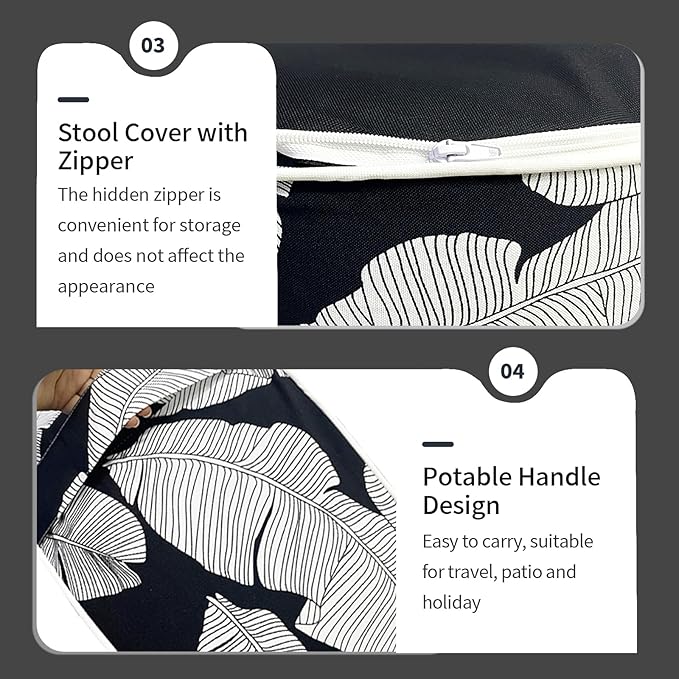 Inflatable Ottoman Stool D21 xH9 for Outdoor/Indoor Use, Water Repellent Patio Foot Rest Stool with Portable Handle,Round Pouf Ottoman Suitable for Garden,Deck and Camping - Black Leaves