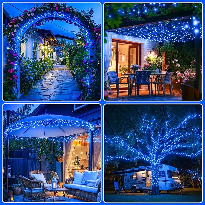 JMEXSUSS 2 Pack Blue Solar Christmas Lights: 100 LED 33ft Blue Solar Lights Outdoor, 8 Modes Solar String Lights for Outside Christmas Tree Gardens Party