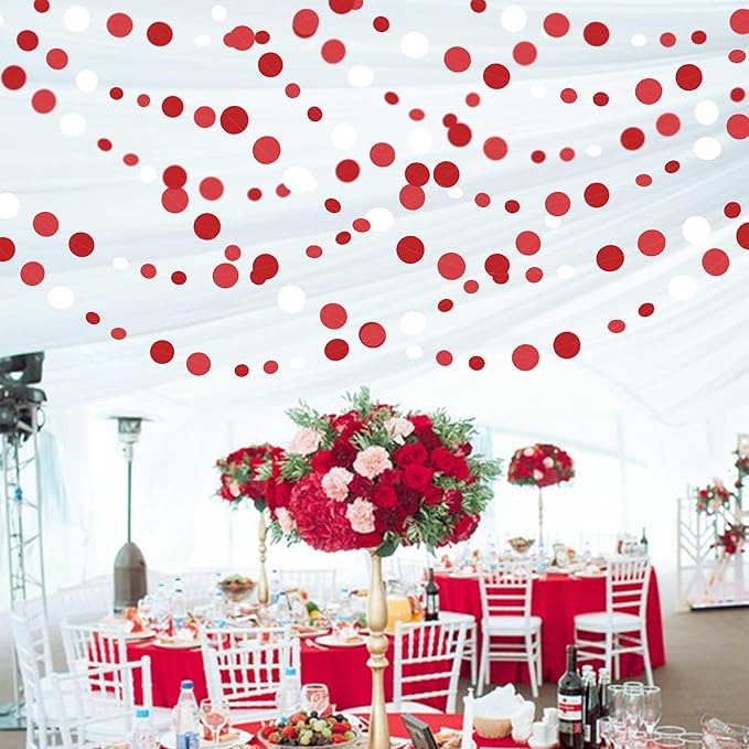46 Ft Red Party Decorations Polka Dots Garlands Red and White Hanging Paper Circle Dots Streamer for Valentines Anniversary Birthday Graduation Wedding Christmas Holiday Bridal Shower Party Supplies