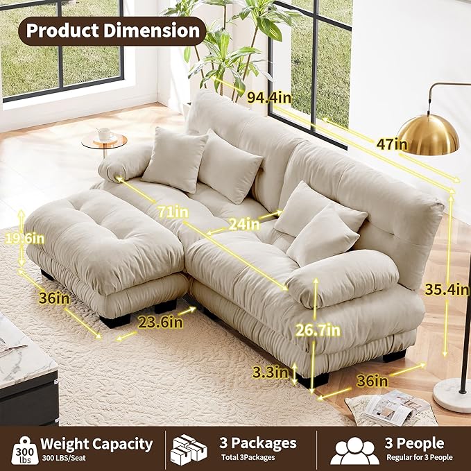 Modular Sectional Sofa, L Shaped Couch with Ottoman, 2 Seater Cloud Couch Small Couches for Small Spaces, Modern Deep Seat Sofa Living Room Oversized Loveseat W/Bolster Armrests 4 Pillows