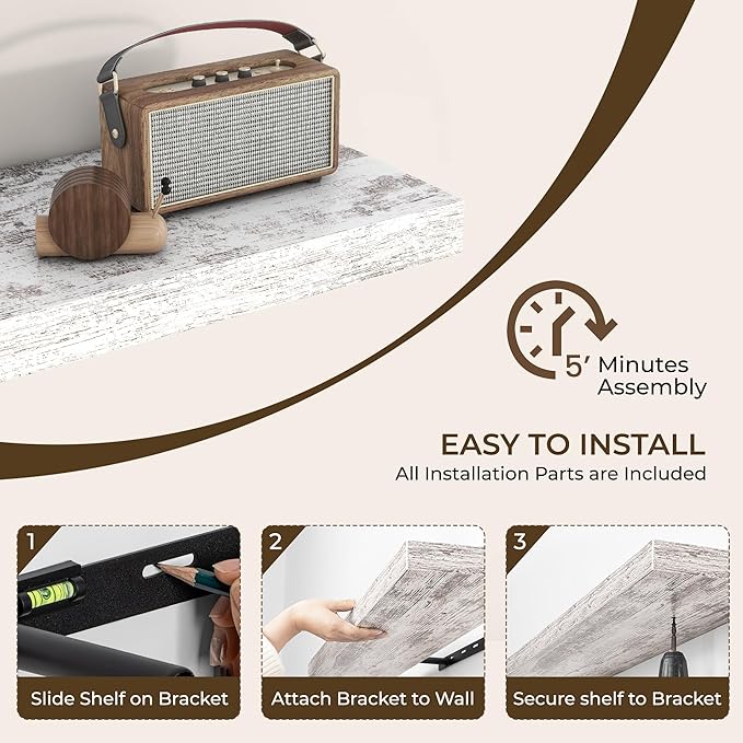 RICHFOCUS 48Inch Floating Shelves for Wall 2 Pack Shelves for Bedroom|Kitchen|Bathroom Wall Mounted Rustic Distressed Wood Floating Shelf with Invisible Brackets for Books|Storage|Decor, Rustic