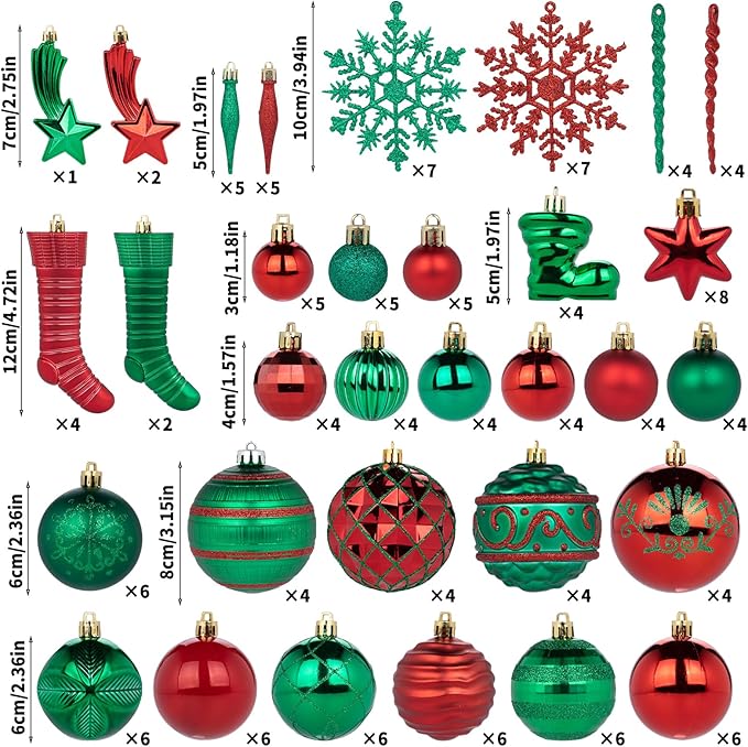 150PCS Red and Green Christmas Ornaments, Shatterproof Christmas Ball Ornaments Set, Assorted Christmas Baubles Hanging Decorations for Xmas Tree Home Festival Party Wedding (Red & Green)