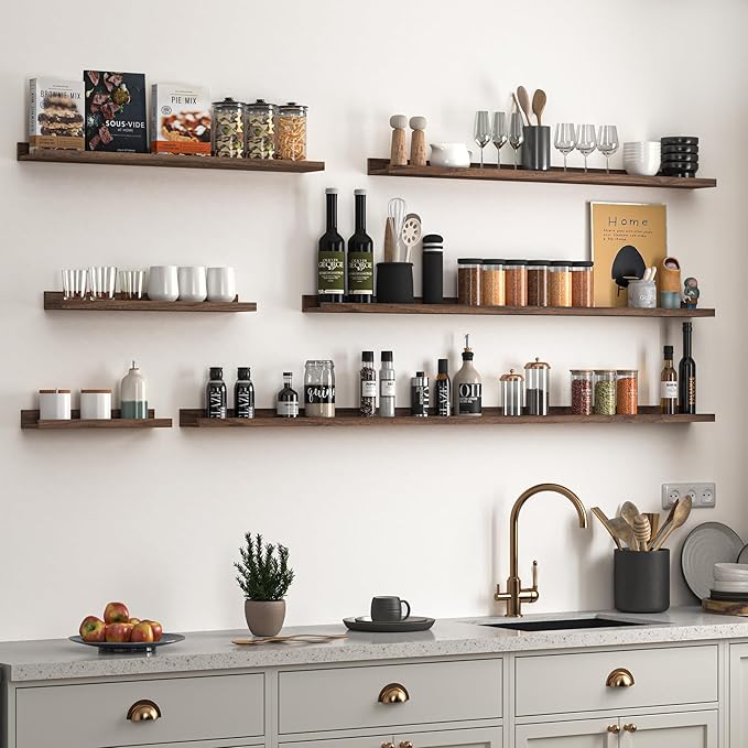 Heimlove Picture Ledge Shelf, Small Floating Shelves Set of 2, 16 Inches Picture Shelf for Wall with Ledge, Kids Bookshelf Wall Mounted for Living Room Bedroom Decor Books Photo Frames, Walnut