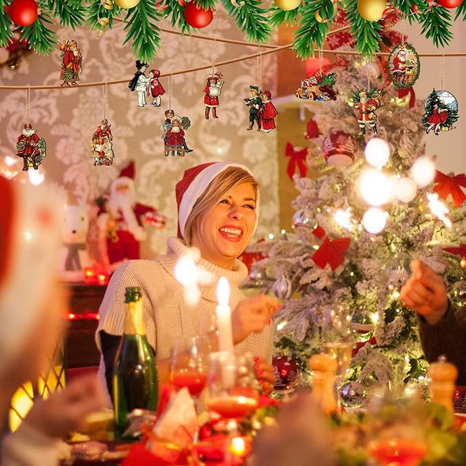 48 Pcs Vintage Wood Ornaments - Victorian Style Santa Claus, Snowman & Retro Decor for Christmas Trees