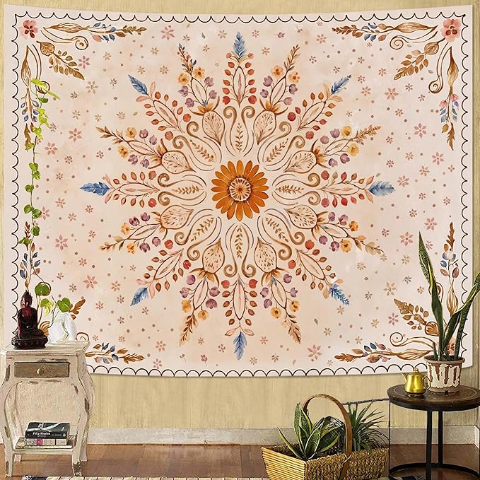 Fowocu Boho Floral Mandala Tapestry for Bedroom Aesthetic Watercolor Bohemian Flower Wall Tapestry Brown Beige Hippie Indian Small Tapestries Wall Hanging for Living Room Dorm Decor 40 x 30 Inch