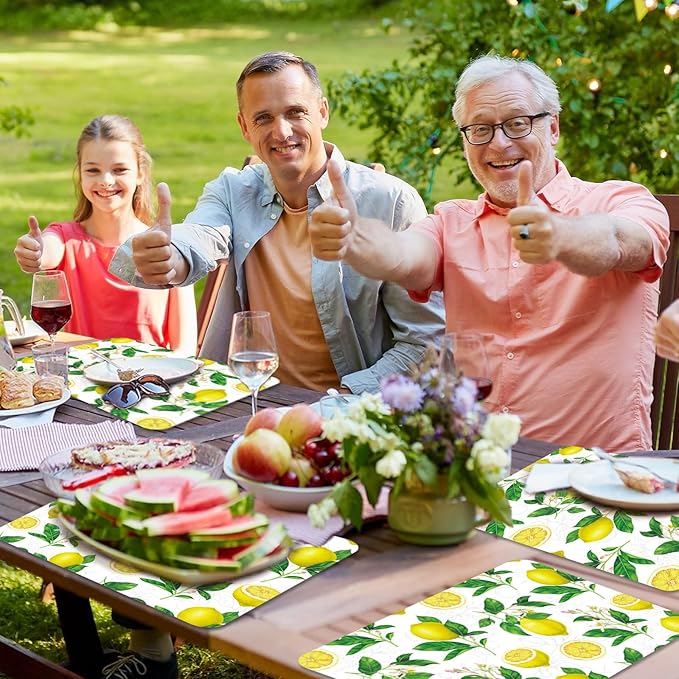 Lemon Placemats Set of 6 Summer Plastic Table Mats Yellow Lemonade Theme Place Mats Washable Vinyl Rustic Holiday Table Decoration for Indoor Outdoor Party Kitchen Dining