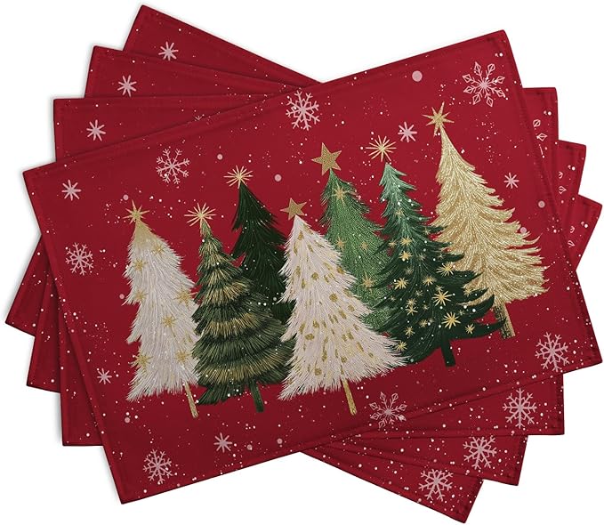 Red Christmas Tree Placemats Set of 4, 12x18 Inch Xmas Trees Snowflakes Winter Holiday Place Mats Seasonal Washable Linen Table Mat for Indoor Outdoor Kitchen Dining Party Decor
