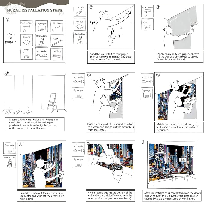 AFZEVEB-Hand-Painted New York City Wallpaper Wall murals for Bathroom 136"x96" (Not Peel and Stick)