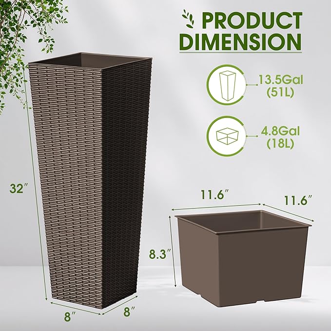 Devoko Resin Tall Planters for Outdoor Plants Set of 2, Large Taper Outdoor Planter Pots with 4 Drainage Holes, Flower Pots Modern Decor for Porch, Patio, Backyard, Home Garden (Brown, 32")