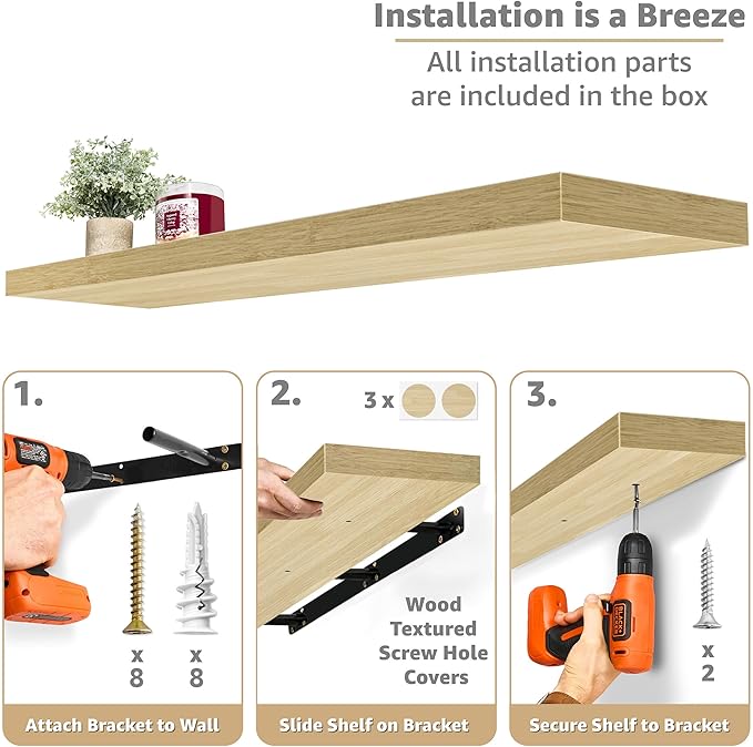 Sorbus Floating Shelves for Wall - 48 Inch Long Bathroom Shelves, Wall Decor for Bedroom, Kitchen, Living Room & Book Storage - Mounted Floating Shelf with Invisible Brackets (Maple Wood, 3 Pack)