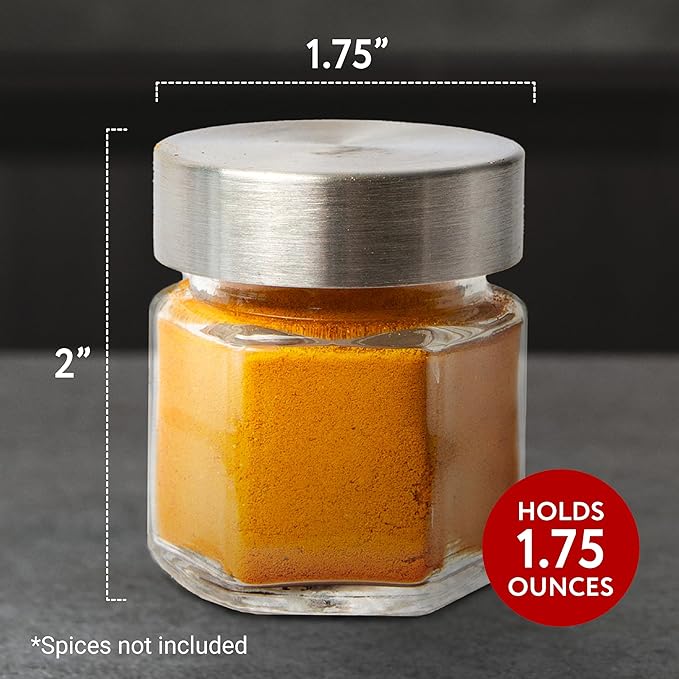IMPRESA Hexagon Magnetic Spice Jars - 15 Pack 1.74 oz Glass Jars With Stainless Steel Lids - Airtight Magnetic Seasoning Containers & Space-Saving Honeycomb Fridge Magnets - 60 Preprinted Labels