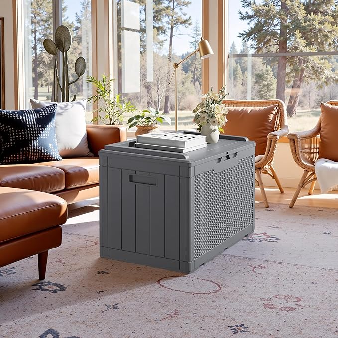 JUMMICO 100 Gallon Resin Deck Box with Cushion, Waterproof Outdoor Storage Box with Lockable Lid for Garden Tools, Patio Cushions (Gray)