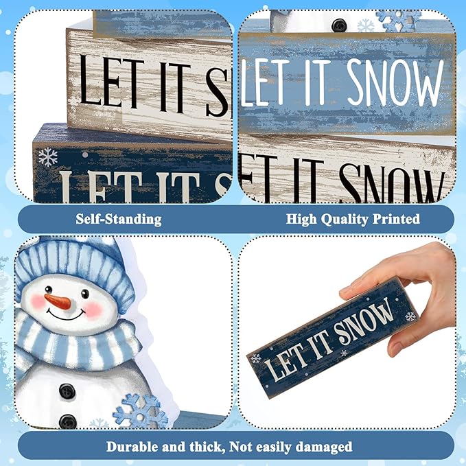 4 Pcs Christmas Wooden Tabletop Decor Snowman Blue Tiered Tray Decor Christmas Plaid Block Signs Centerpiece Farmhouse Winter Let It Snow Table Decoration for Home Kitchen Shelf