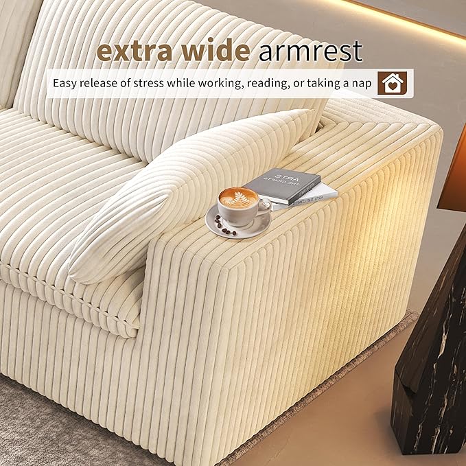 157.5" L Shaped Modern Sofa Modular Sectional Cloud Couch with Ottoman,Deep Seat Upholstered Couches with Corduroy Fabric for Living Room Furniture,Bedroom and Apartment,No Assembly Required,White