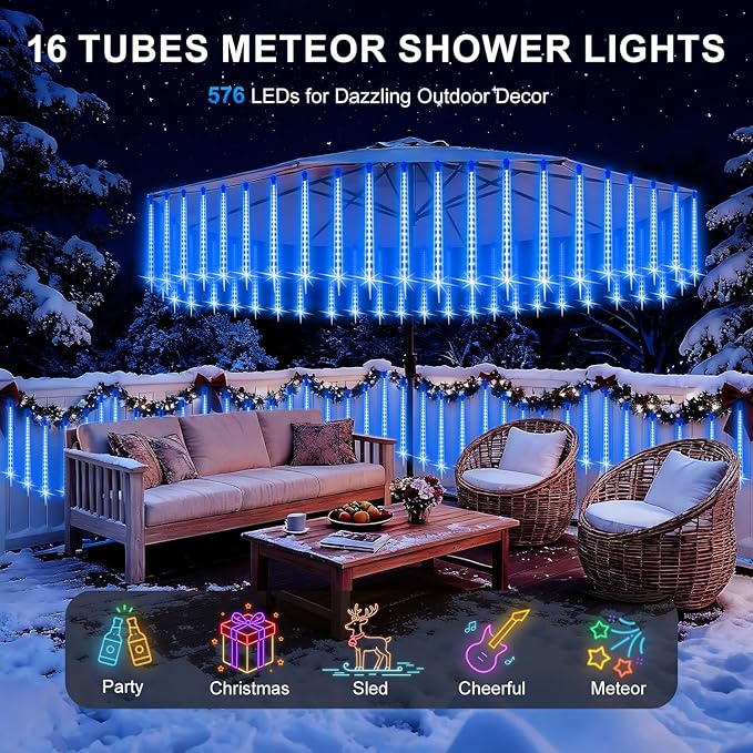 PEMOTech Christmas Lights Outdoor,16 Tubes 40cm 576 LED Meteor Shower Lights, Waterproof Christmas Decorations Icicle Lights for Xmas Tree Halloween Party, Outdoor Christmas Decorations,UL Plug,Blue