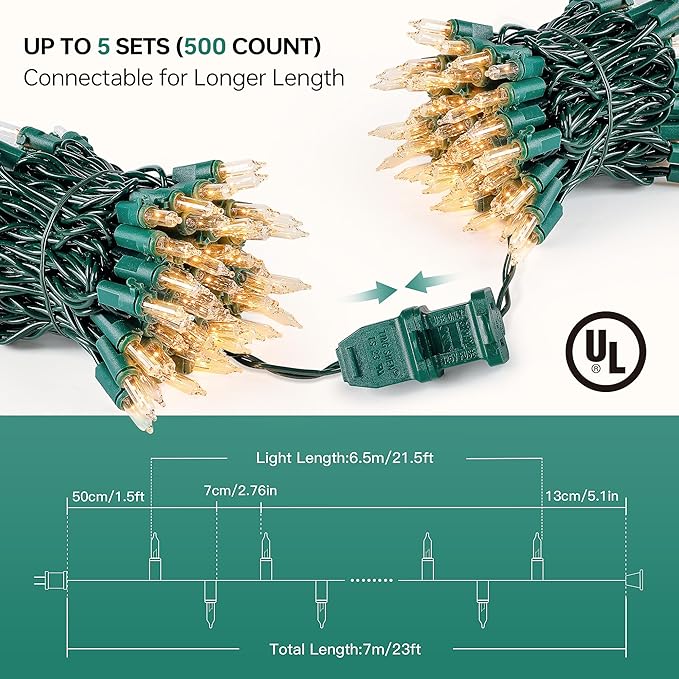 YOUNGAR Christmas Clear Outdoor Lights, 2 Pack 23FT 100 Green Wire Connectable Incandescent Mini UL Approved Tree Light for Xmas Home Patio Holiday Party Garden Decor (Warm White)