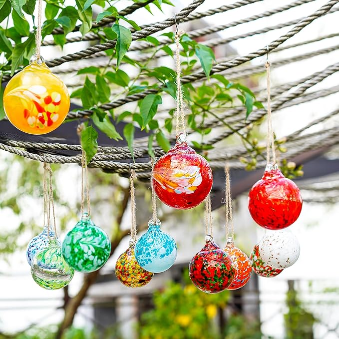 Set of 12 Hand Blown Glass Ornaments Hanging Gazing Balls Witches Balls, Outdoor Patio Garden Decor