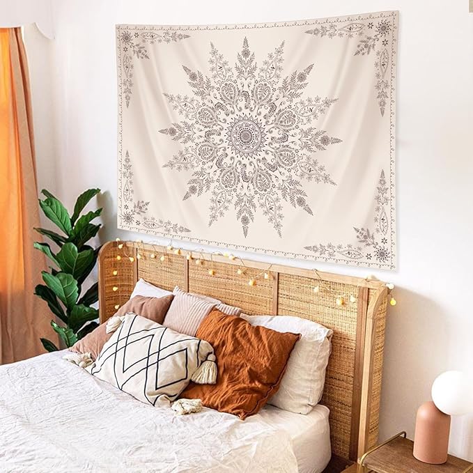 Lunerfex Boho Floral Tapestry Mandala Wall Tapestry, Cute Tapestries for Bedroom Beige Flower Tapestries Wall Hanging for Bedroom Living Room Decor Beige-2 70"x90"