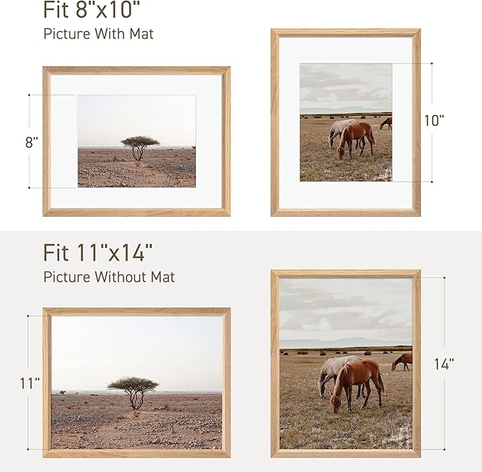 11x14 Picture Frame Set of 4 Natural Solid Oak Photo Frames with 8x10 Removable Mat Wall Hanging Large Handcrafted Frame with HD Plexiglass Wall and Tabletop Display Large Poster Frame