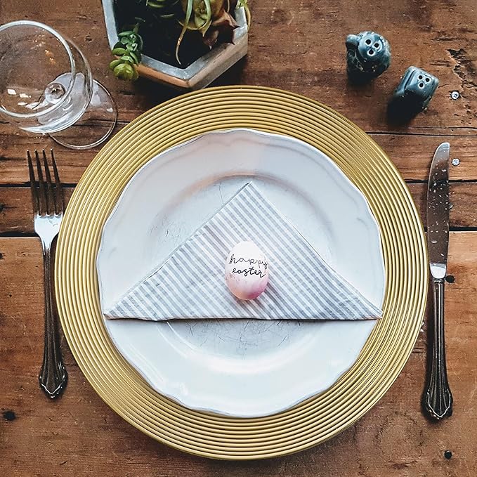 13" Round Charger Plates, 6 pack Ring Pattern Plastic Chargers for Dinner Plate, Vintage Charger Plates Bulk Wedding, Metallic Foil Gold