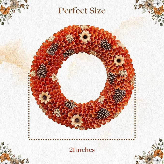 21" Fall Harvest Wood Curl Pinecone Wreath - Premium Handcraft Fall Wreaths for Front Door | Perfect for Autumn & Thanksgiving Decor