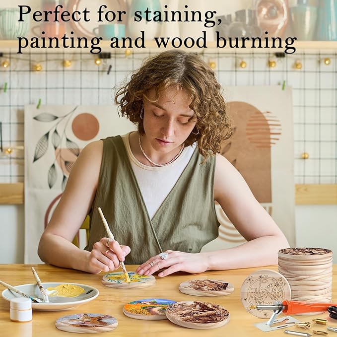 36 Pieces Unfinished Wood Coasters, GOH DODD 4 Inch Wooden Blanks with Non-Slip Pads for Laser Engraving Wood Burning Staining Painting Decoupage Housewarming Gifts Wedding Crafts Education, Round