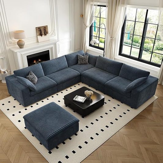 118" Cloud Couch Oversized Modular Sectional Sofa for Living Room,Modern Sofa with Deep Seat，6 Seater Boneless Couch,Comfy Upholstered Corduroy Couches for Apartment, Studio, Office,Bedroom，Blue