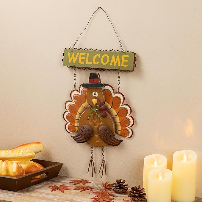 Glitzhome 17.91" H Metal Wooden Turkey Welcome Sign, Thanksgiving Turkey Wall Hanging Decor with Welcome Sign for Indoor Outdoor Decoration
